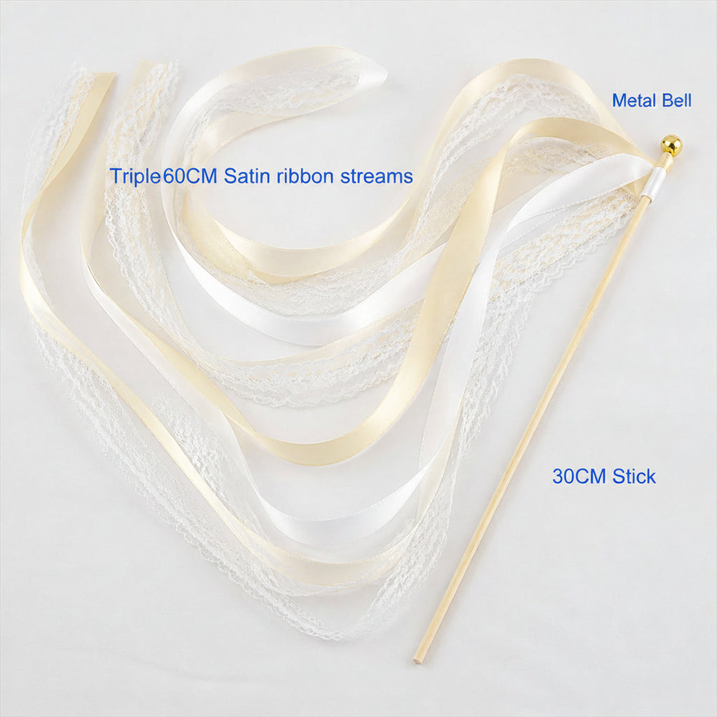 Handmade Ivory & White Satin & Lace Ribbon Wedding Wands with Bell