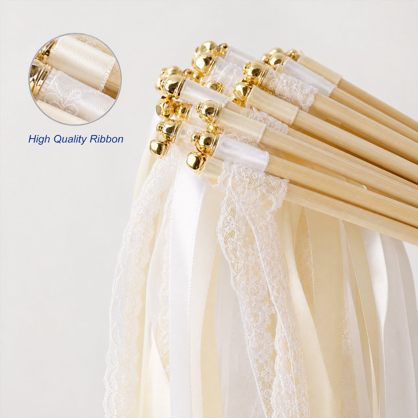 Handmade Ivory & White Satin & Lace Ribbon Wedding Wands with Bell