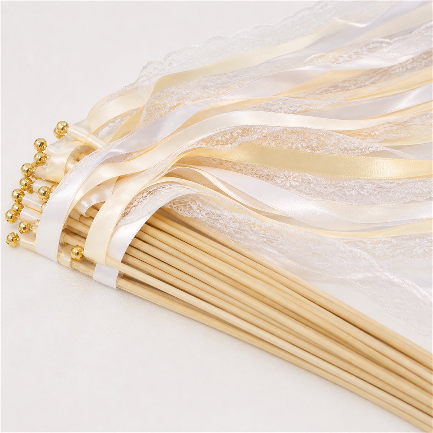 Handmade Ivory & White Satin & Lace Ribbon Wedding Wands with Bell