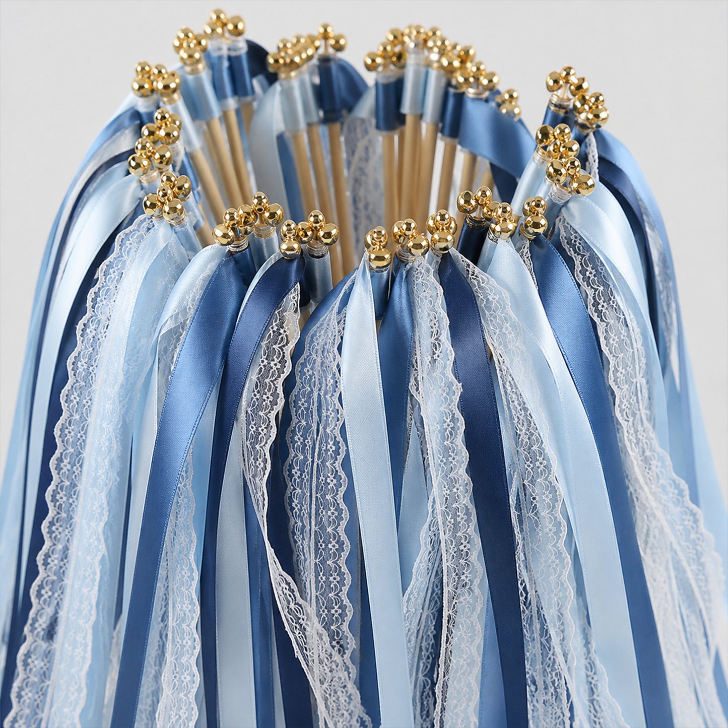 Handmade Dusty Blue, Navy & White Satin & Lace Ribbon Wedding Wands with Bell