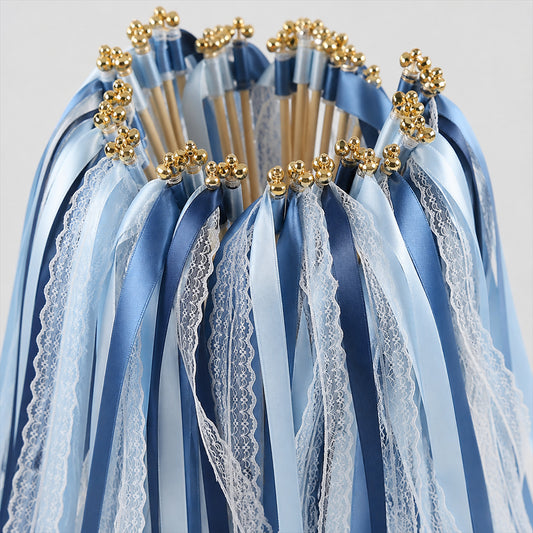 Handmade Dusty Blue, Navy & White Satin & Lace Ribbon Wedding Wands with Bell