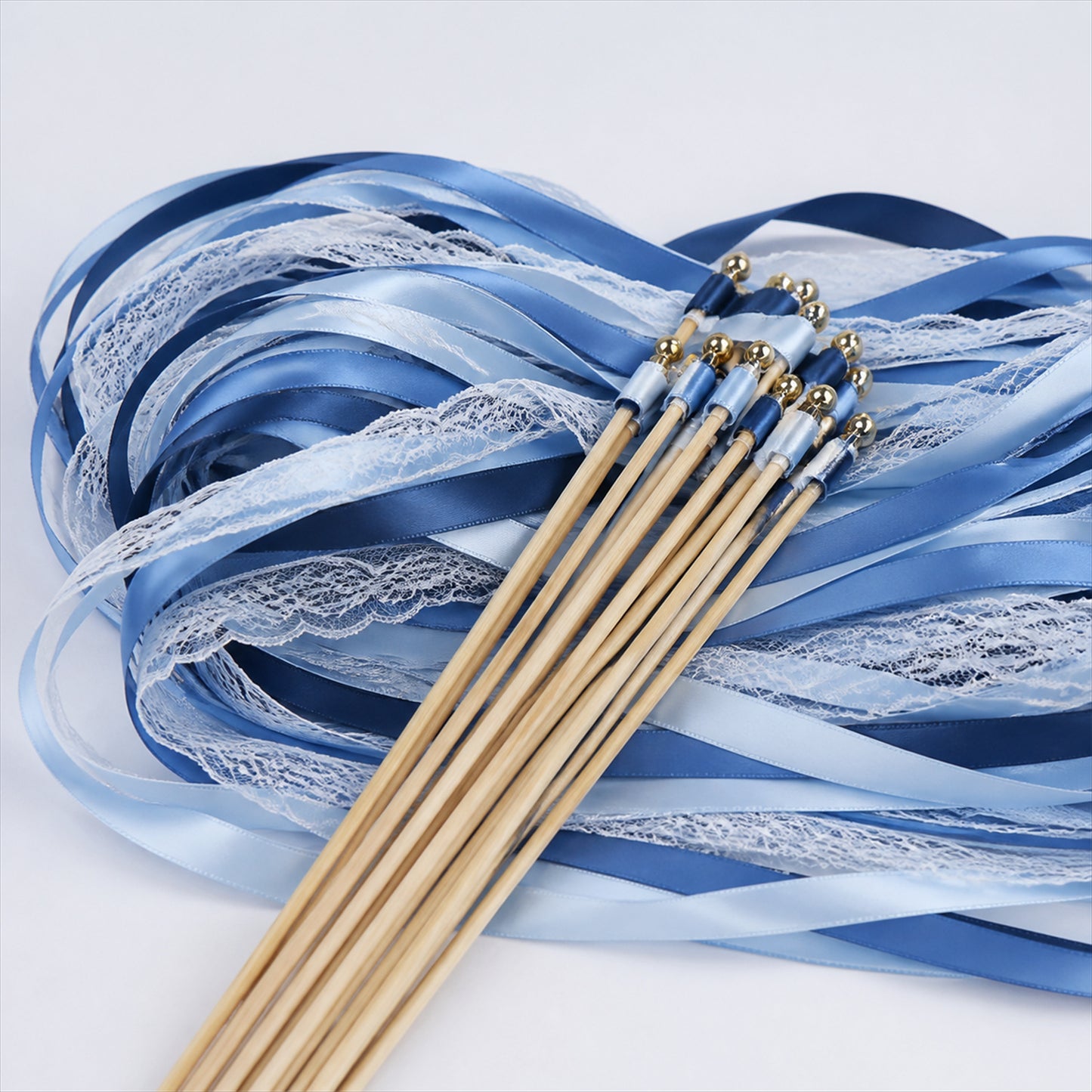 Handmade Dusty Blue, Navy & White Satin & Lace Ribbon Wedding Wands with Bell