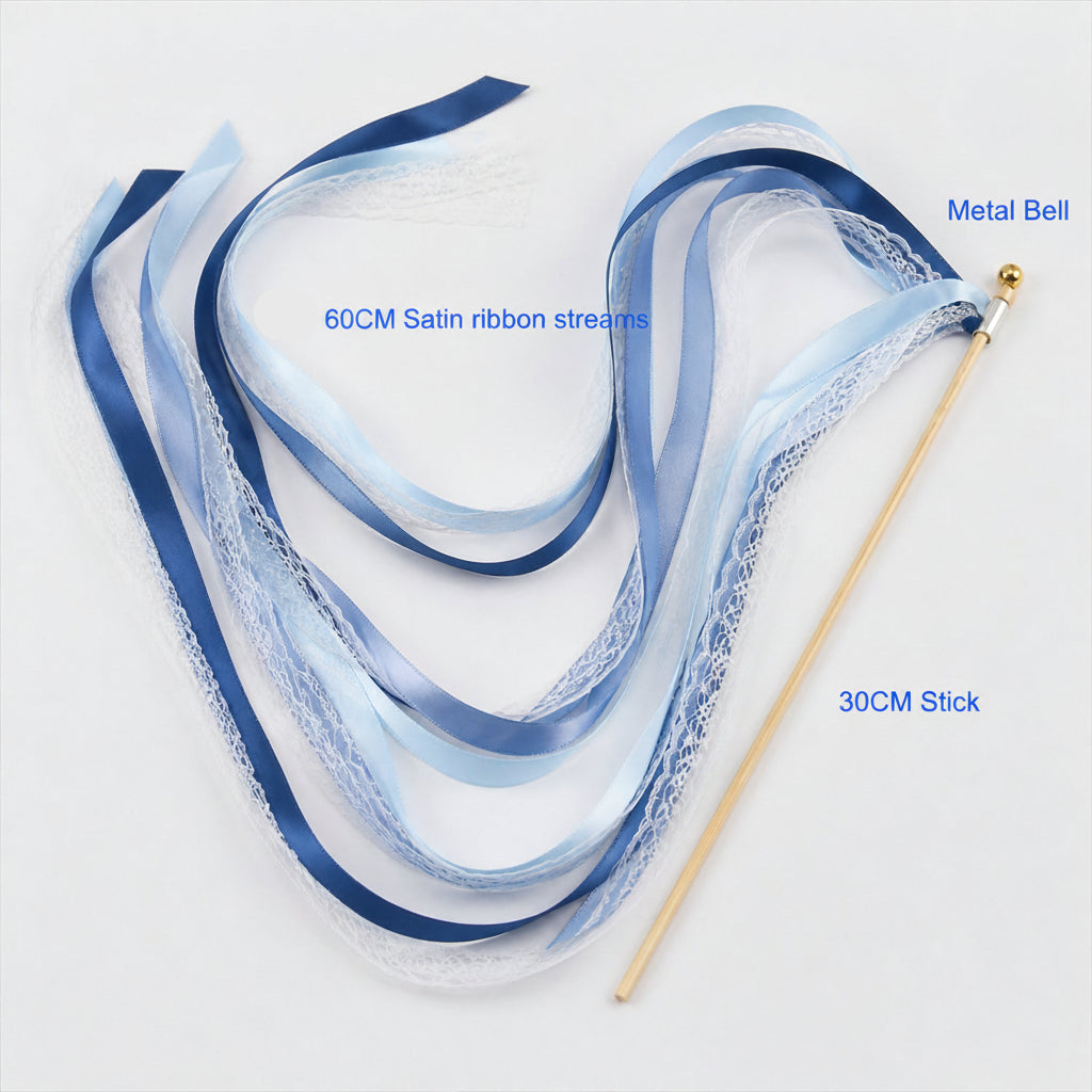 Handmade Dusty Blue, Navy & White Satin & Lace Ribbon Wedding Wands with Bell