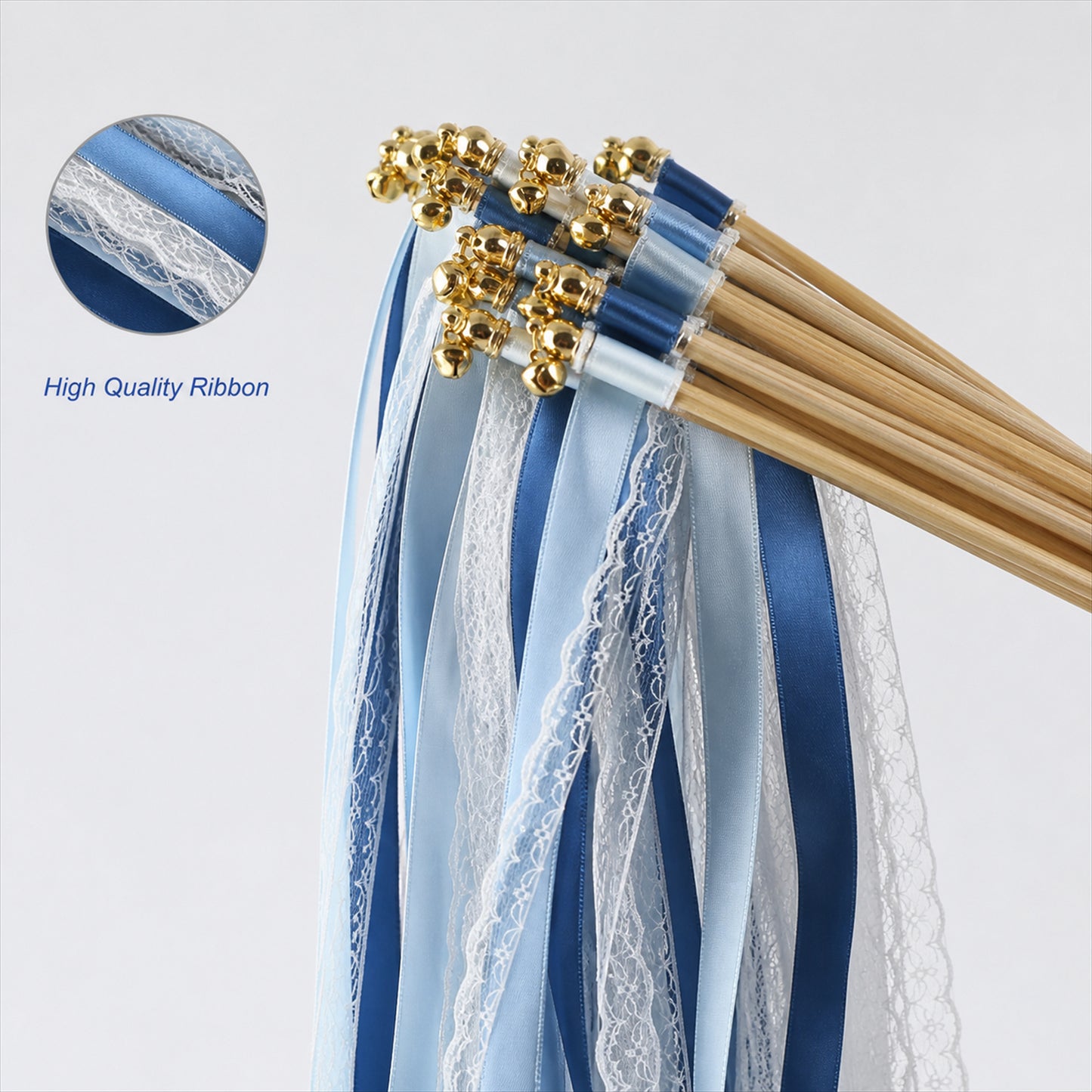 Handmade Dusty Blue, Navy & White Satin & Lace Ribbon Wedding Wands with Bell