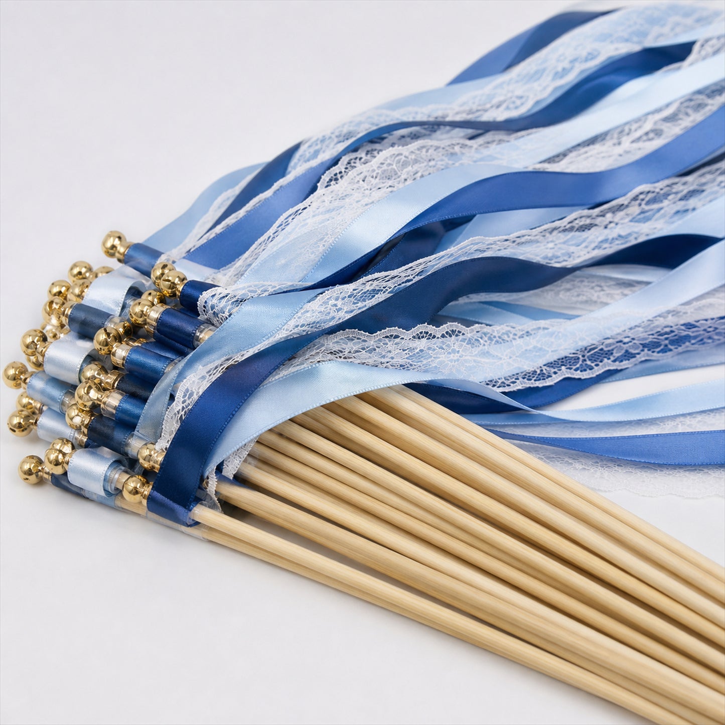 Handmade Dusty Blue, Navy & White Satin & Lace Ribbon Wedding Wands with Bell