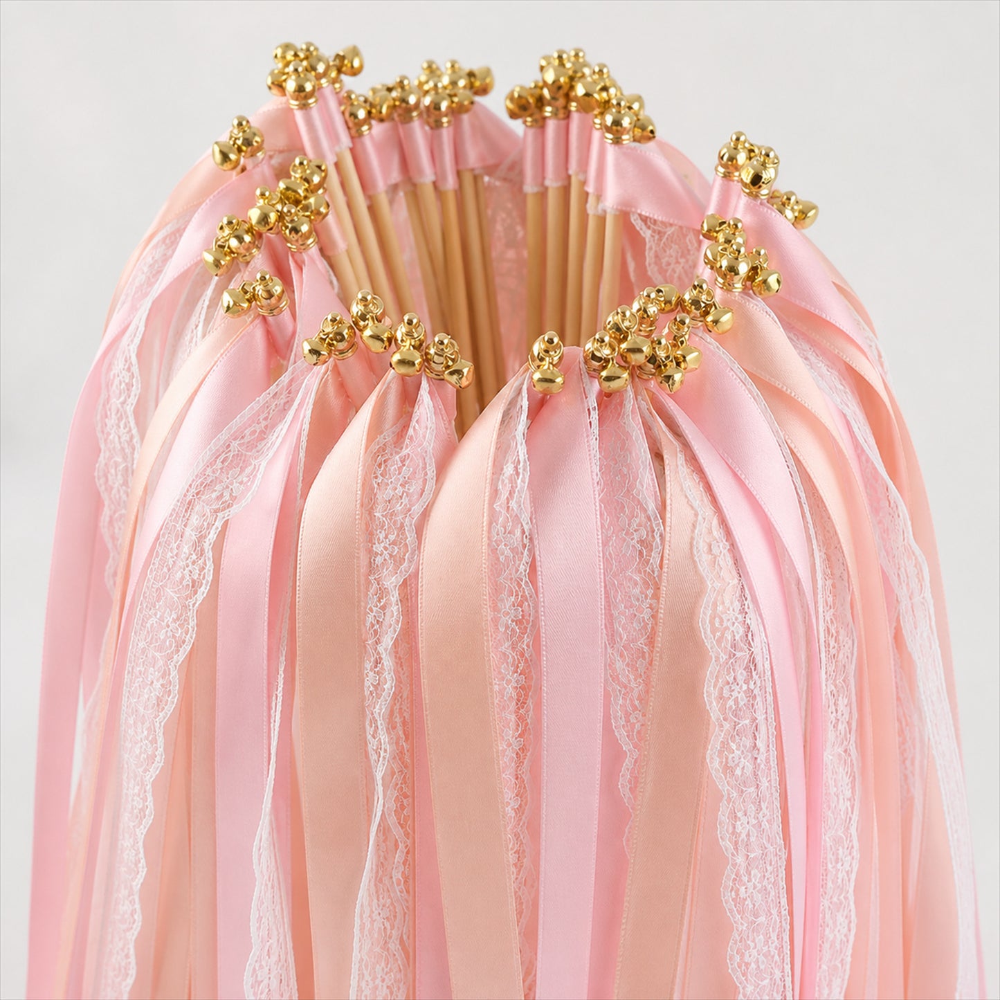 Handmade Blush Pink, Peach & White Satin & Lace Ribbon Wedding Wands with Bell