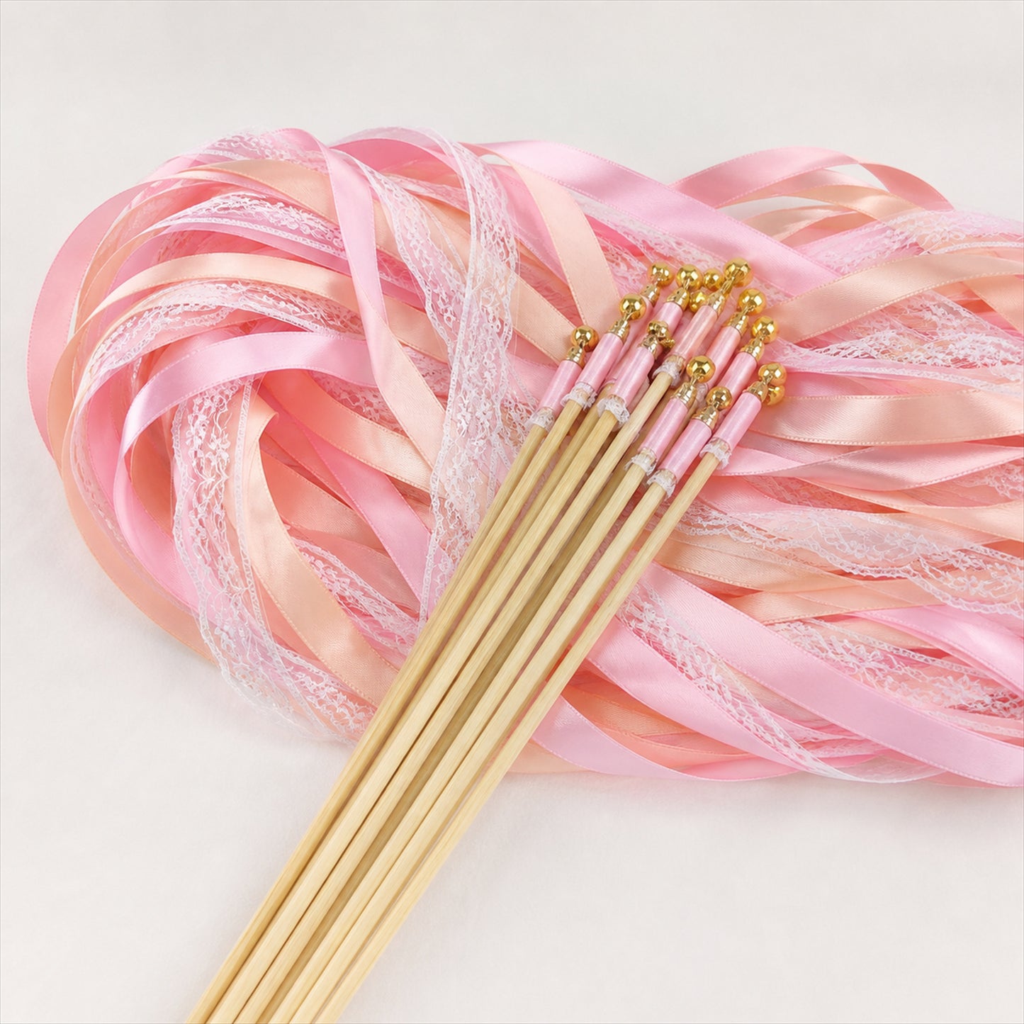 Handmade Blush Pink, Peach & White Satin & Lace Ribbon Wedding Wands with Bell
