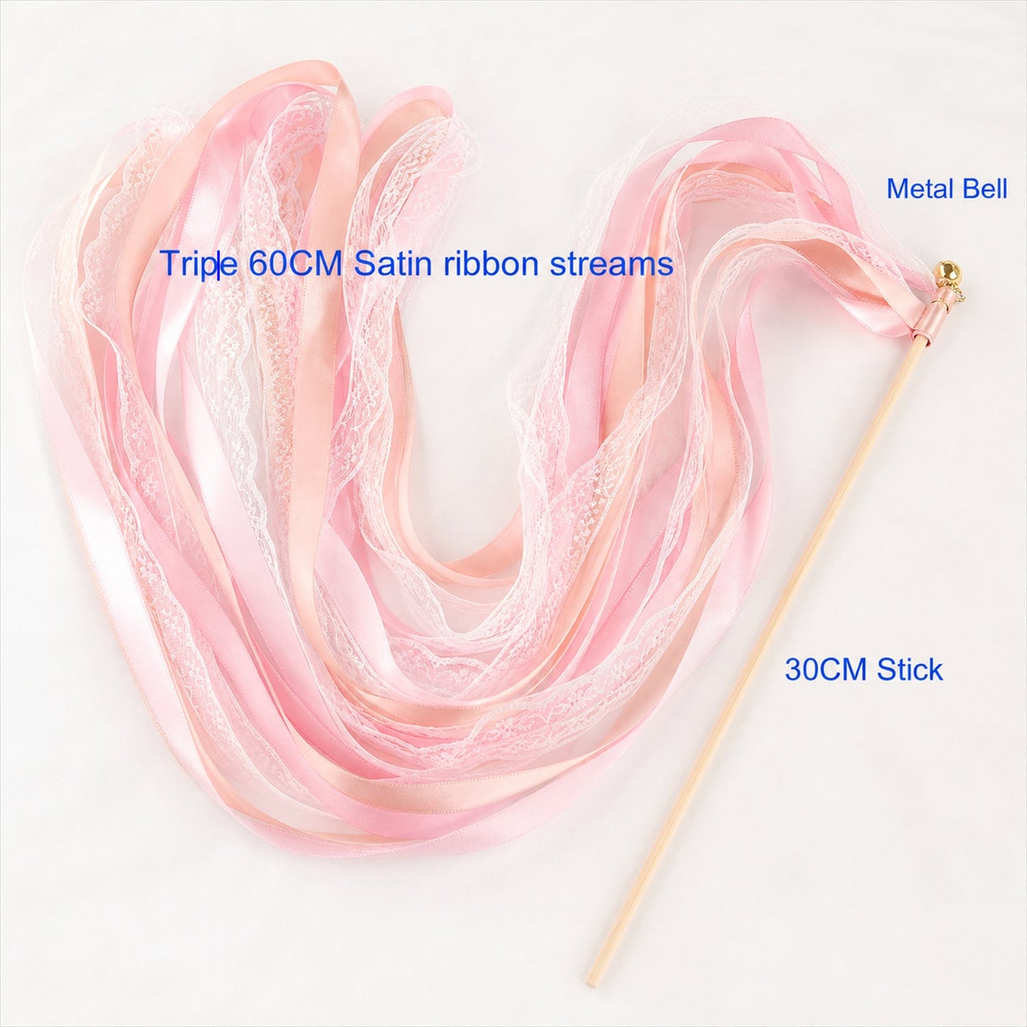 Handmade Blush Pink, Peach & White Satin & Lace Ribbon Wedding Wands with Bell