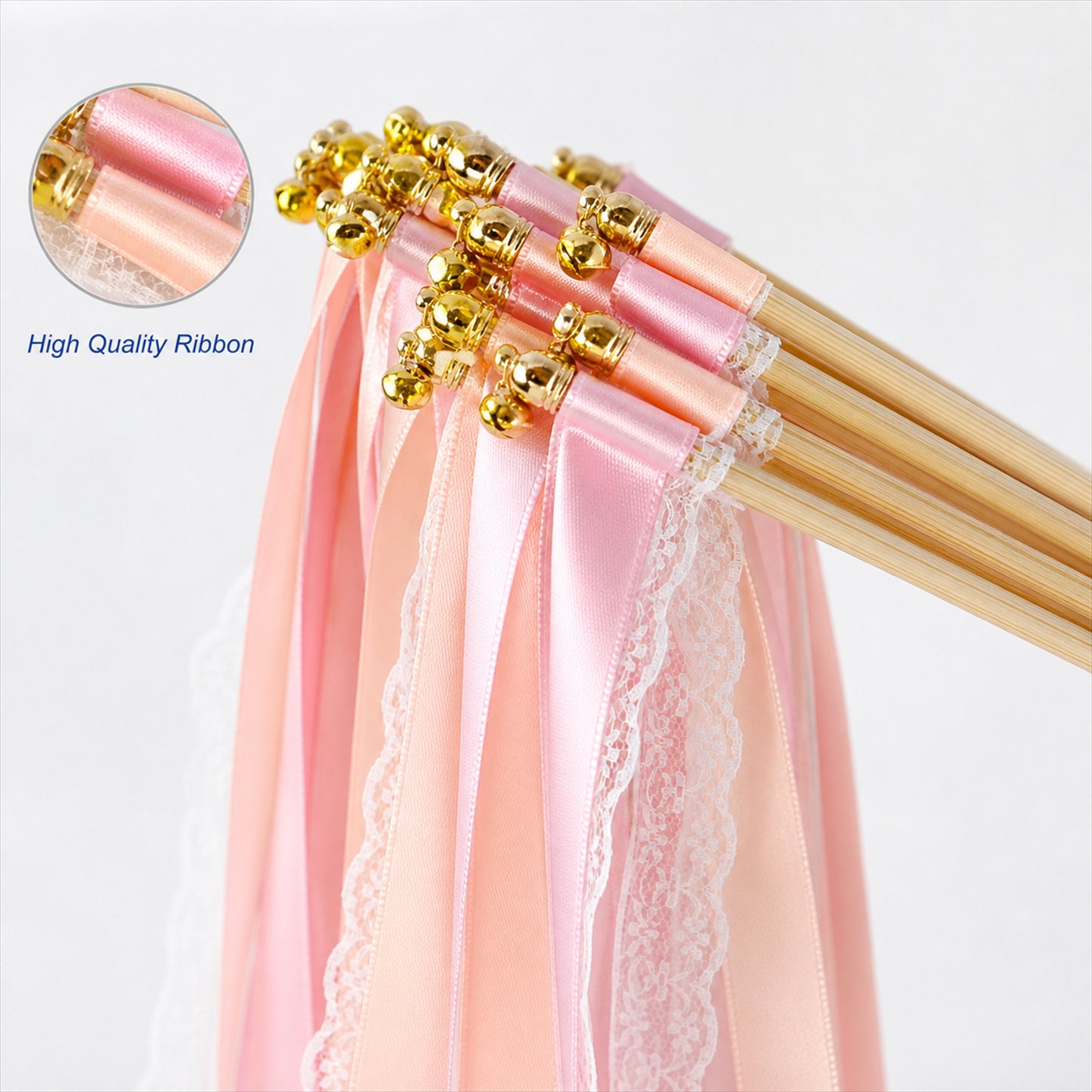 Handmade Blush Pink, Peach & White Satin & Lace Ribbon Wedding Wands with Bell