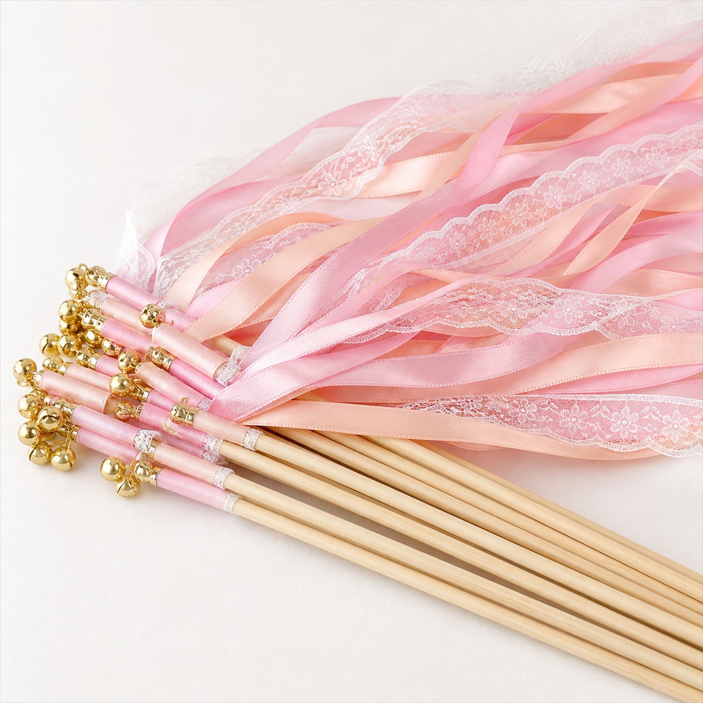 Handmade Blush Pink, Peach & White Satin & Lace Ribbon Wedding Wands with Bell