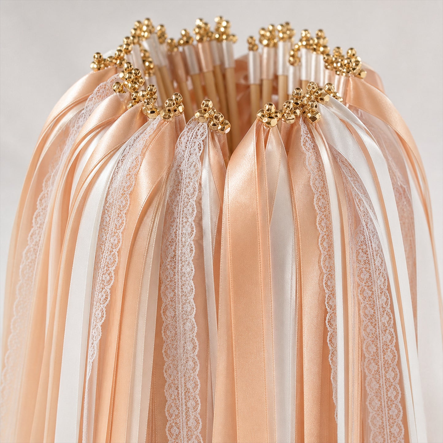 Handmade Champagne, Peach & Ivory Satin & Lace Ribbon Wedding Wands with Bell