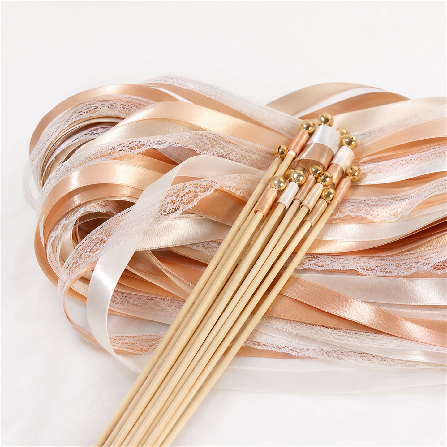 Handmade Champagne, Peach & Ivory Satin & Lace Ribbon Wedding Wands with Bell