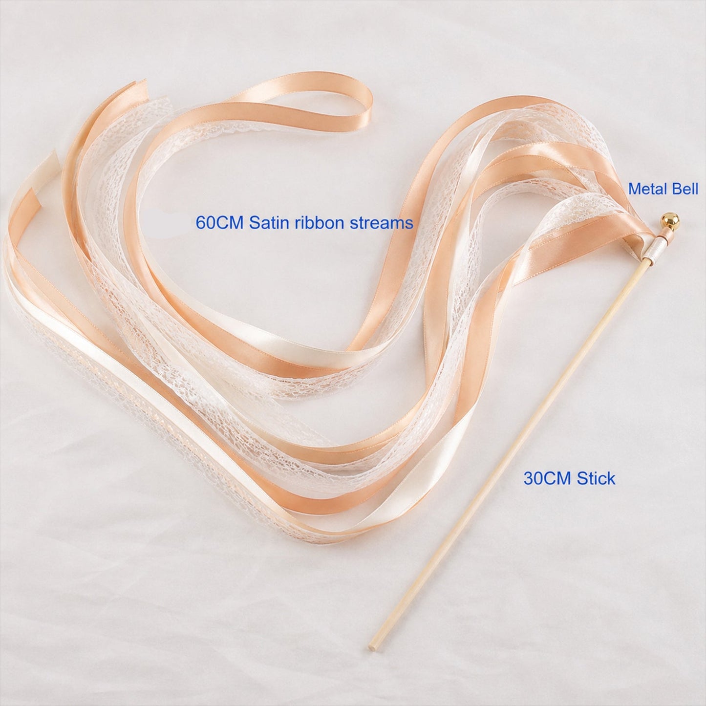 Handmade Champagne, Peach & Ivory Satin & Lace Ribbon Wedding Wands with Bell