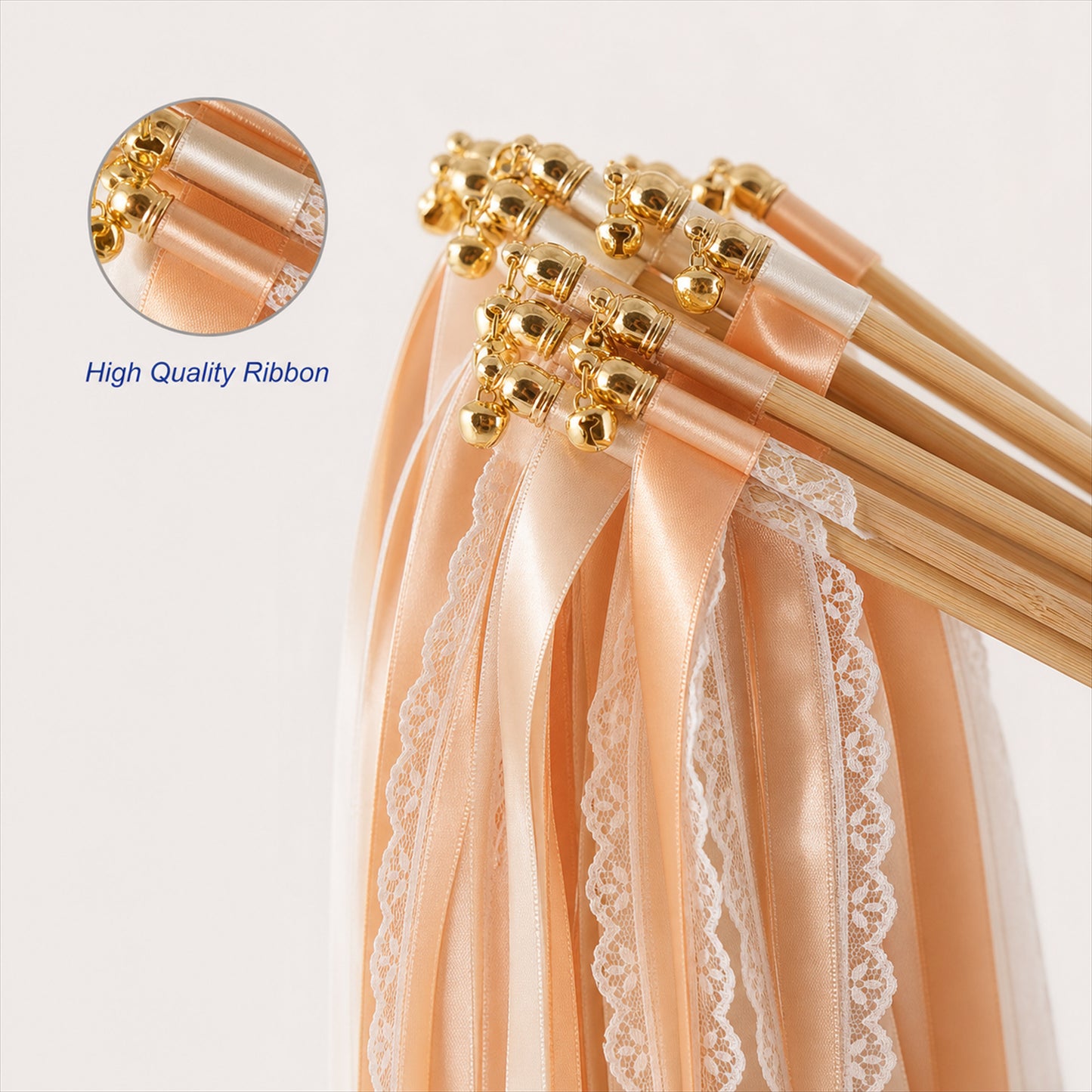 Handmade Champagne, Peach & Ivory Satin & Lace Ribbon Wedding Wands with Bell