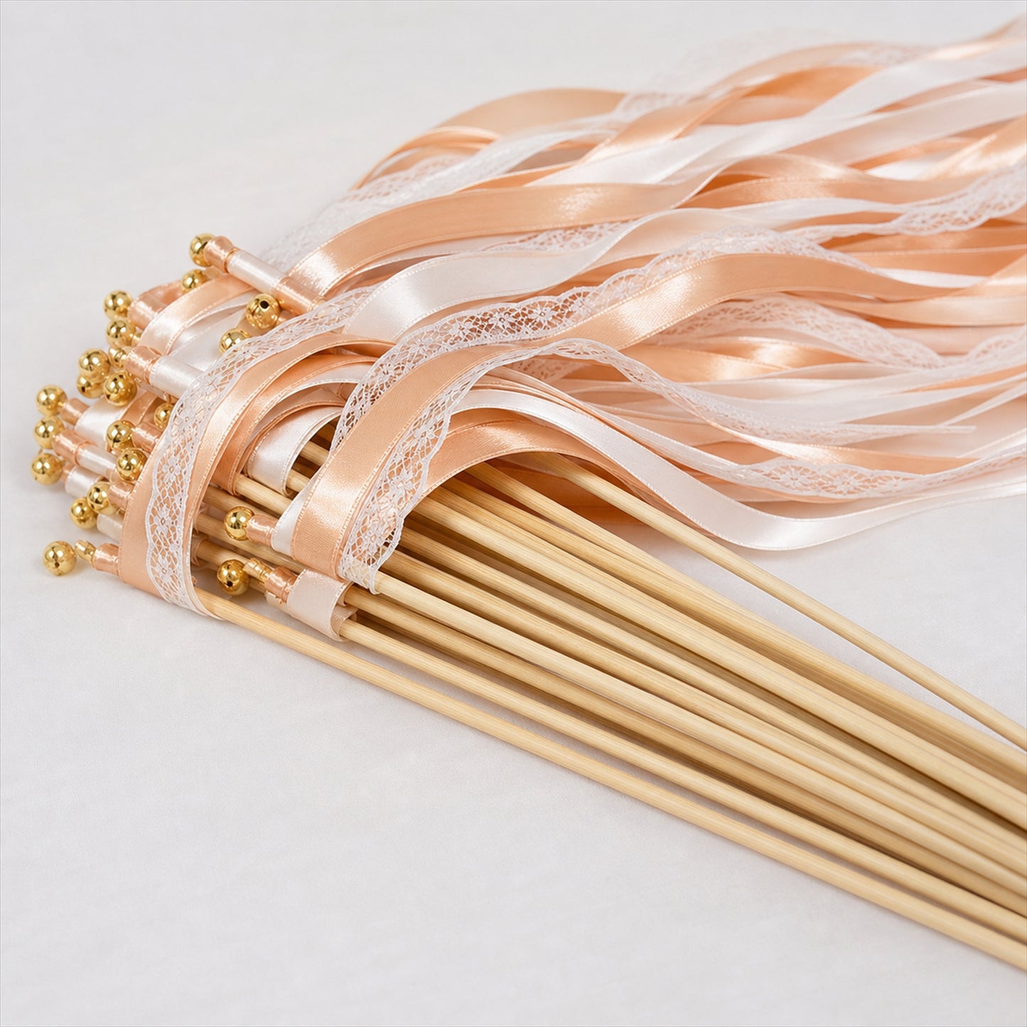 Handmade Champagne, Peach & Ivory Satin & Lace Ribbon Wedding Wands with Bell