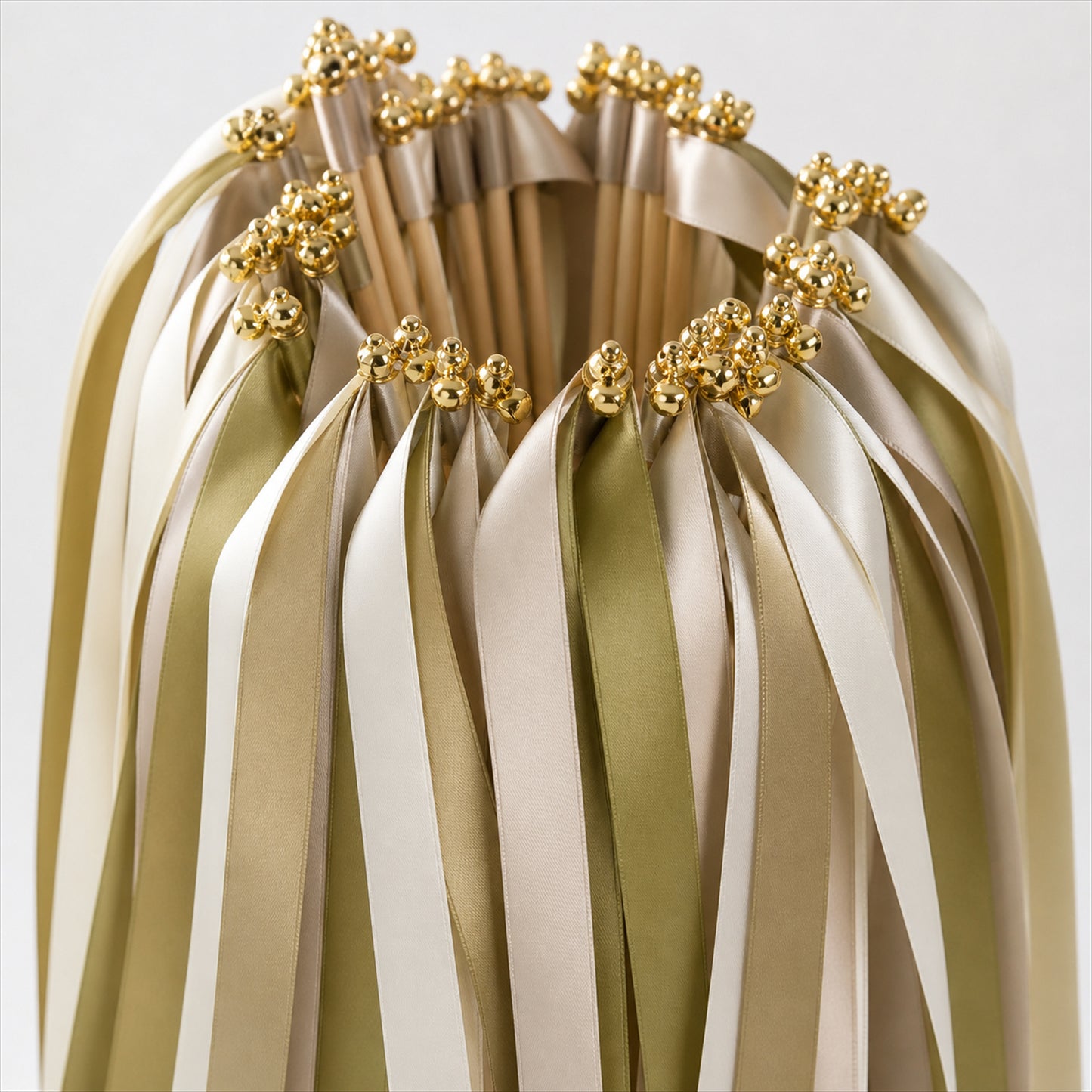 Handmade Olive, Champagne & Ivory Satin Ribbon Wedding Wands with Bell