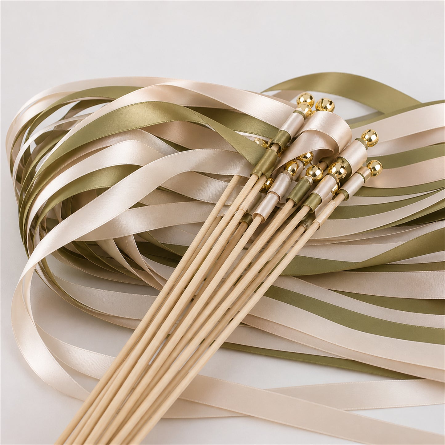 Handmade Olive, Champagne & Ivory Satin Ribbon Wedding Wands with Bell