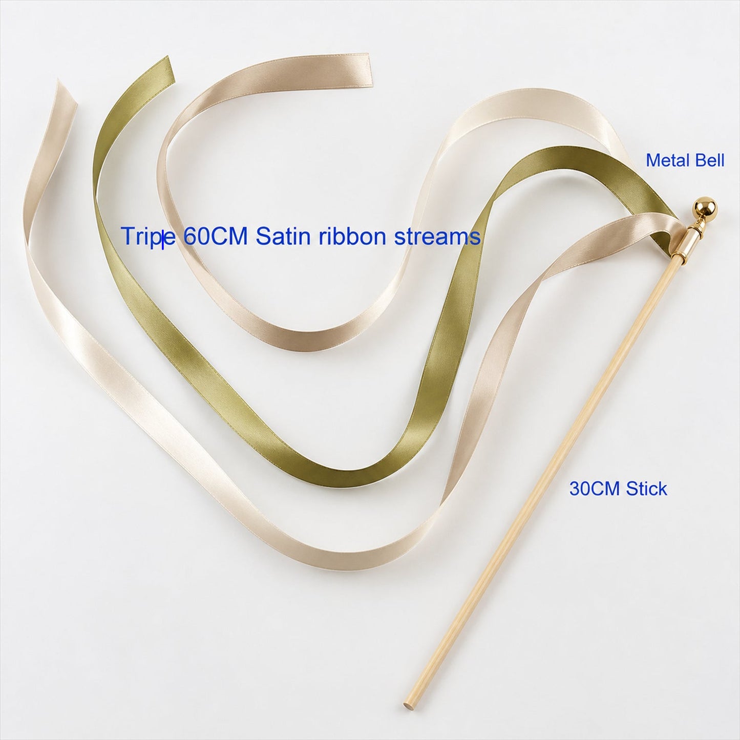Handmade Olive, Champagne & Ivory Satin Ribbon Wedding Wands with Bell