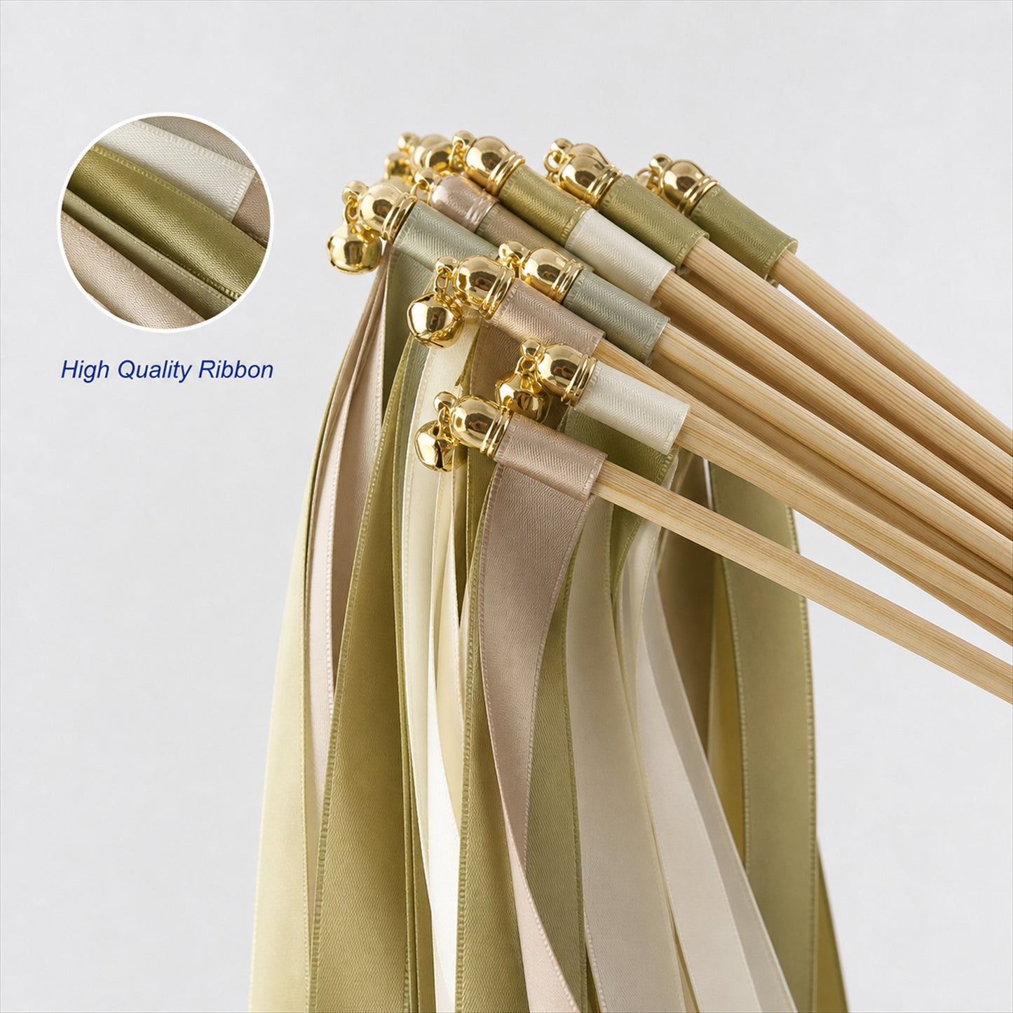 Handmade Olive, Champagne & Ivory Satin Ribbon Wedding Wands with Bell