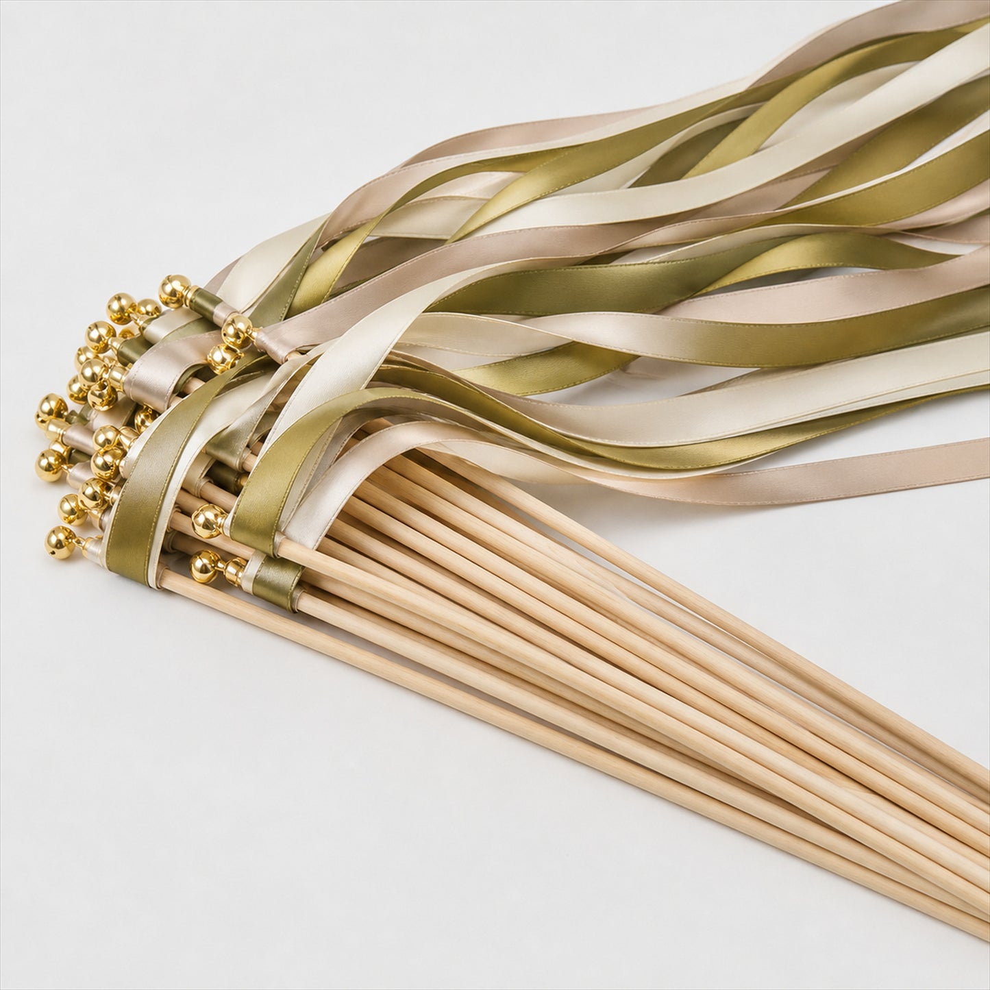 Handmade Olive, Champagne & Ivory Satin Ribbon Wedding Wands with Bell