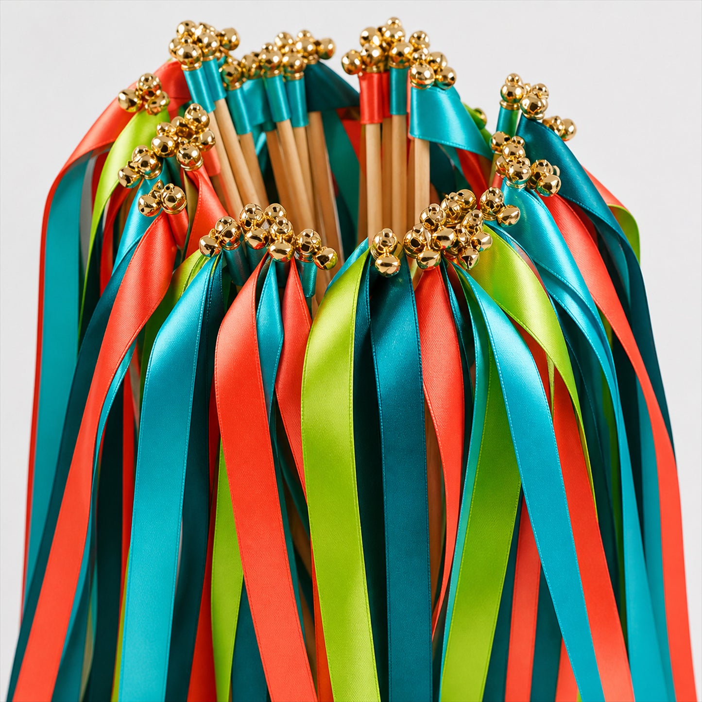 Handmade Coral, Turquoise, Lime & Navy Satin Ribbon Wedding Wands with Bell