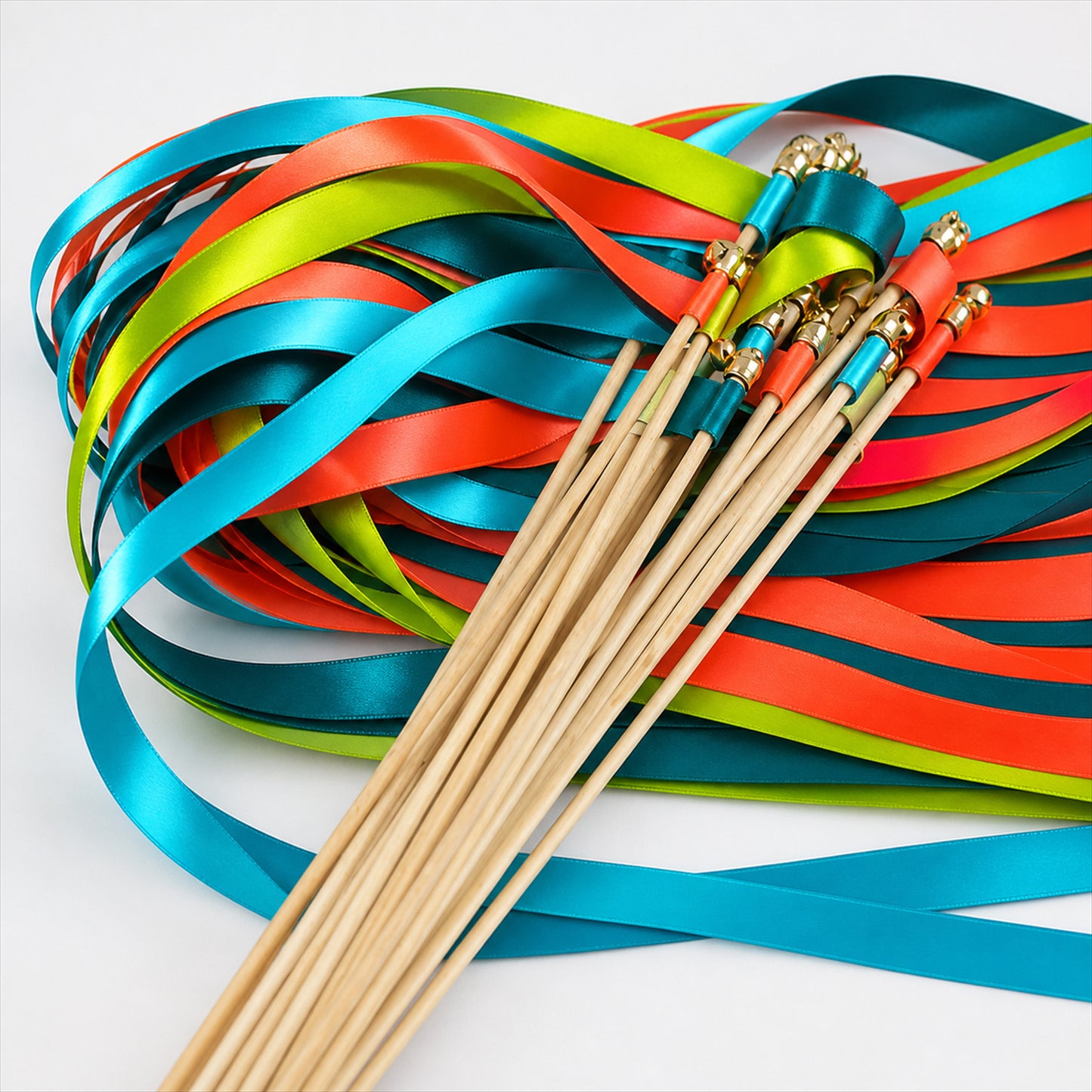 Handmade Coral, Turquoise, Lime & Navy Satin Ribbon Wedding Wands with Bell