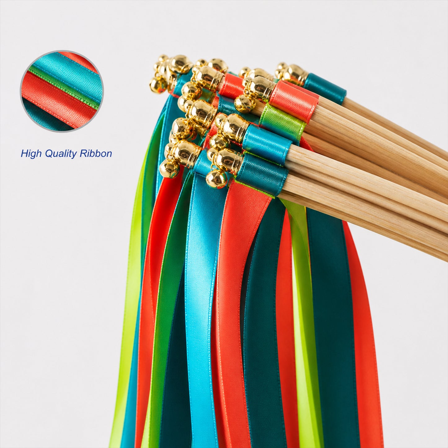 Handmade Coral, Turquoise, Lime & Navy Satin Ribbon Wedding Wands with Bell