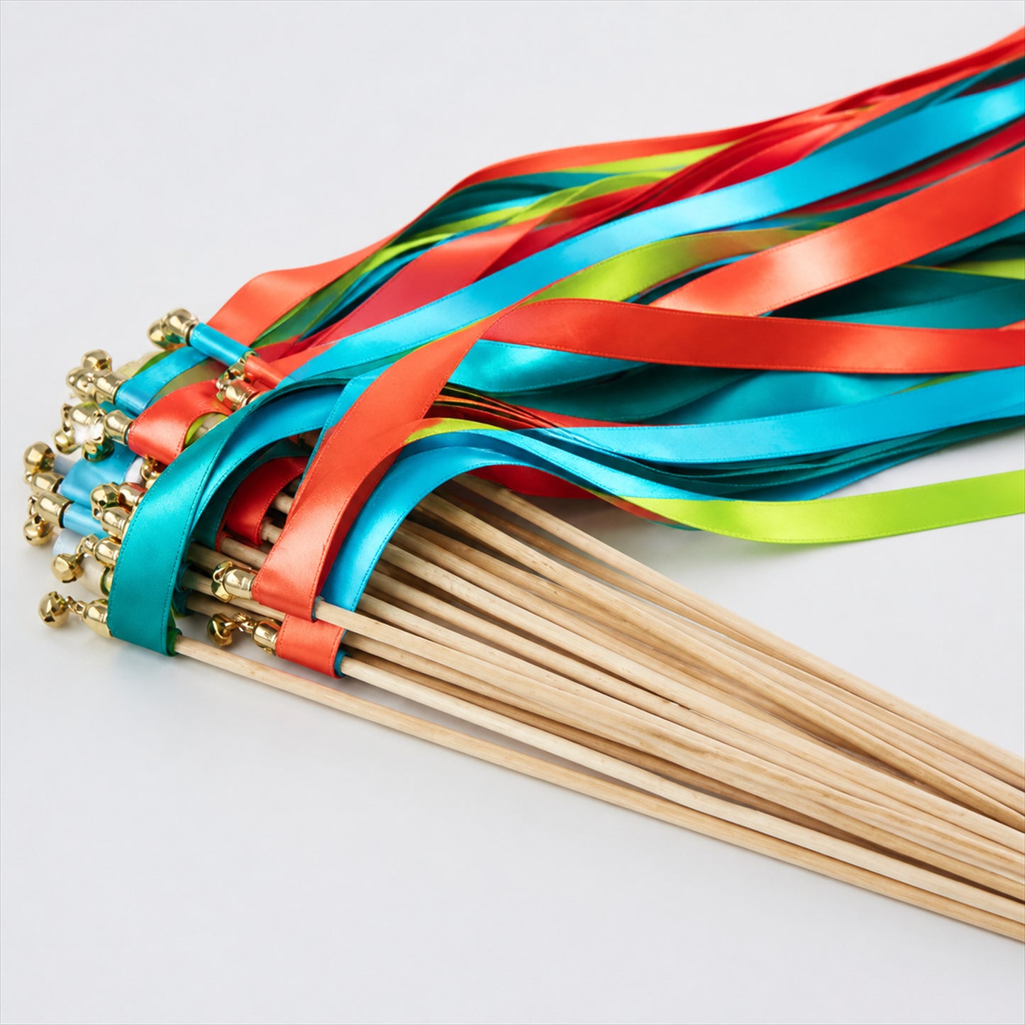 Handmade Coral, Turquoise, Lime & Navy Satin Ribbon Wedding Wands with Bell