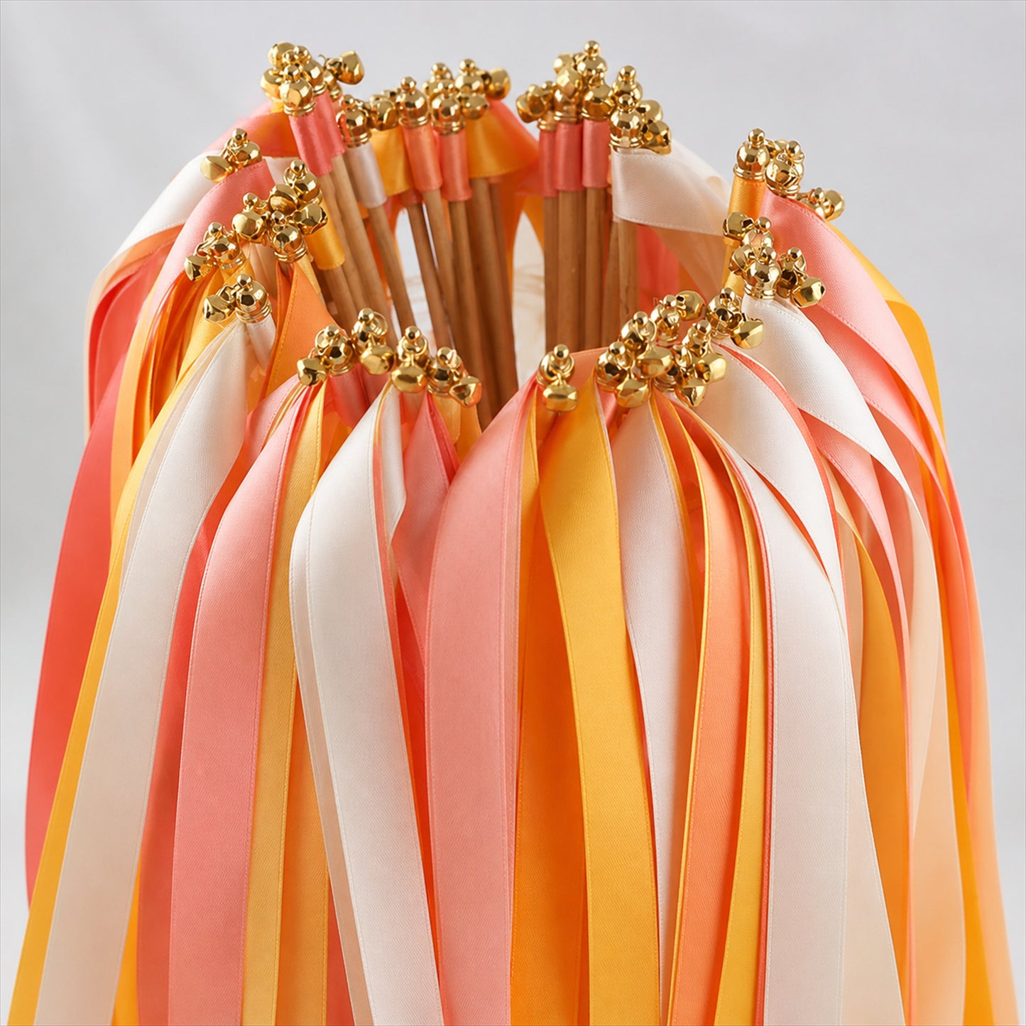 Handmade Coral, Peach & Ivory Satin Ribbon Wedding Wands with Bell