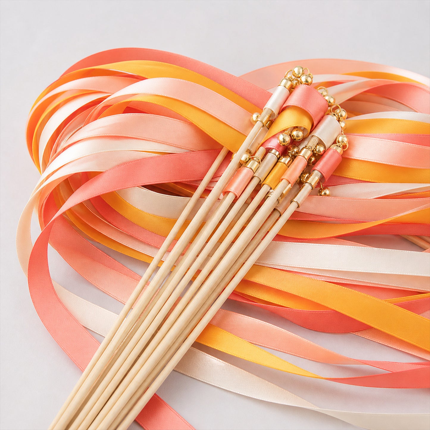 Handmade Coral, Peach & Ivory Satin Ribbon Wedding Wands with Bell