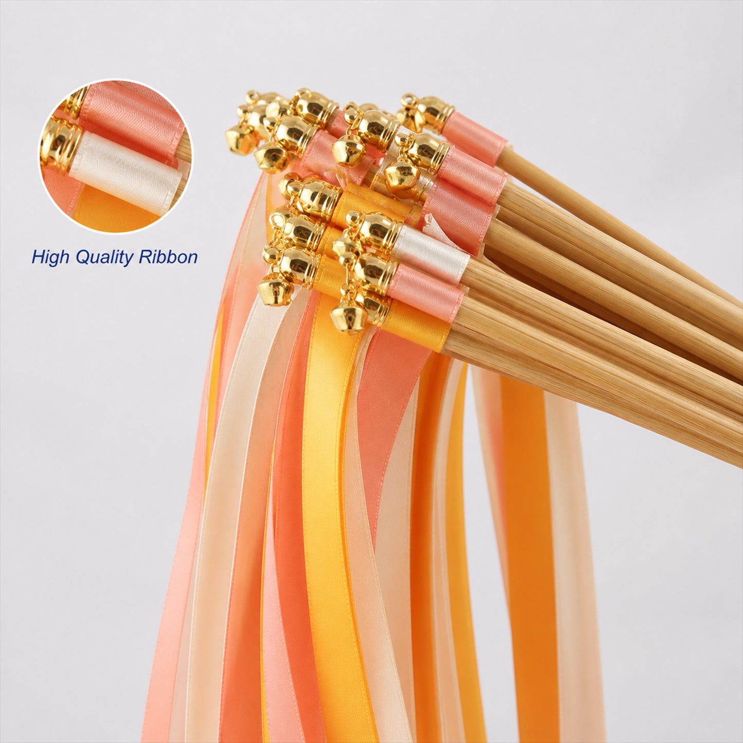 Handmade Coral, Peach & Ivory Satin Ribbon Wedding Wands with Bell