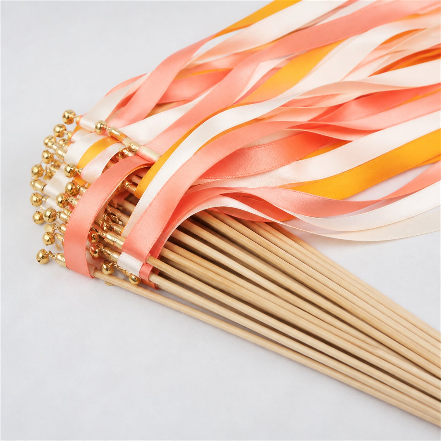 Handmade Coral, Peach & Ivory Satin Ribbon Wedding Wands with Bell