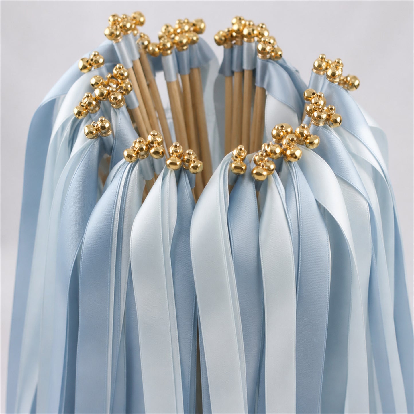 Handmade Ice Blue & White Satin Ribbon Wedding Wands with Bell