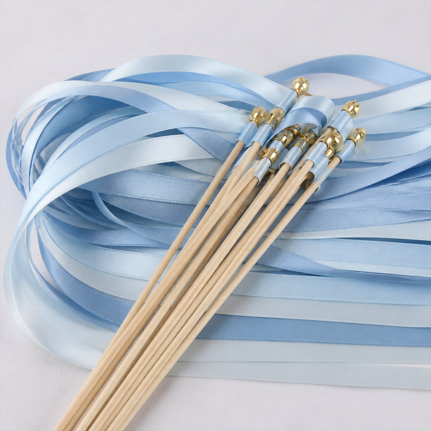 Handmade Ice Blue & White Satin Ribbon Wedding Wands with Bell