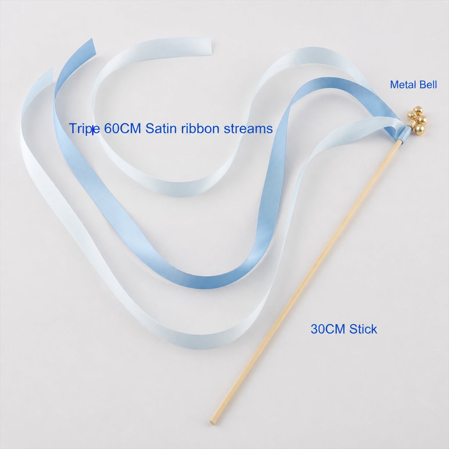 Handmade Ice Blue & White Satin Ribbon Wedding Wands with Bell
