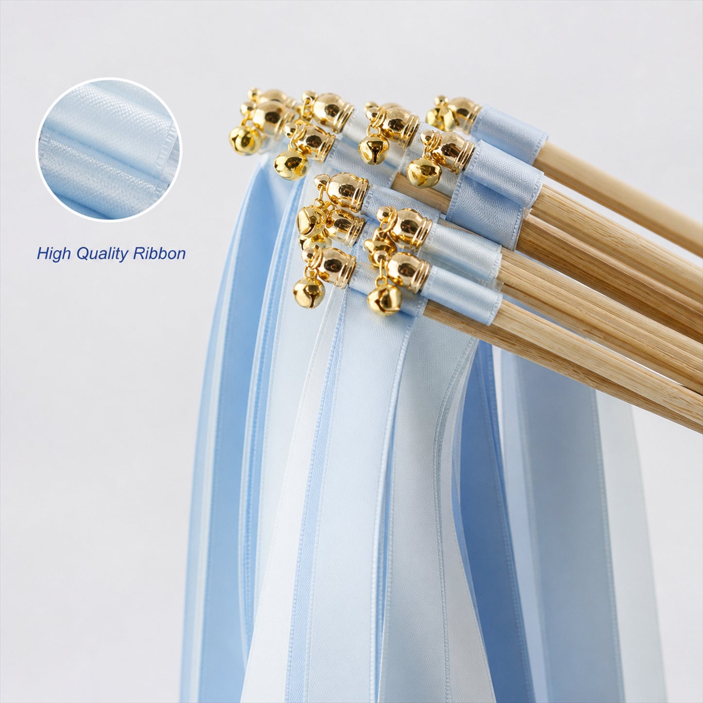 Handmade Ice Blue & White Satin Ribbon Wedding Wands with Bell