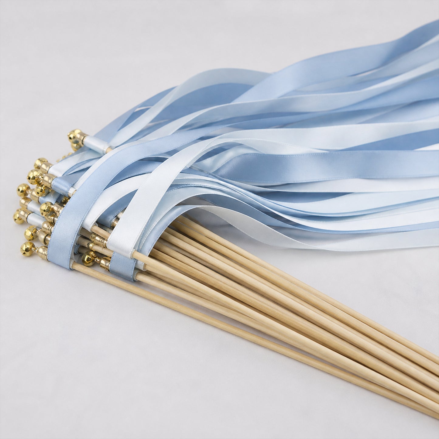 Handmade Ice Blue & White Satin Ribbon Wedding Wands with Bell