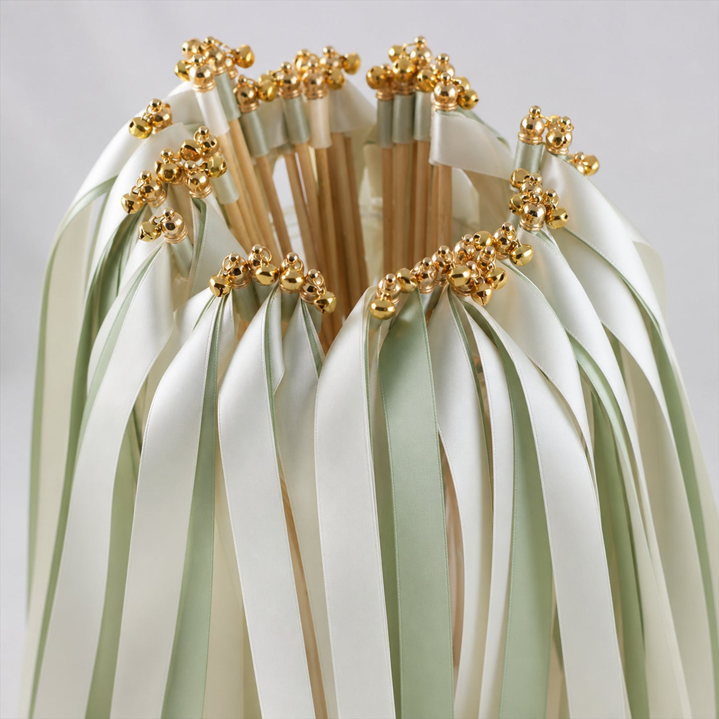 Handmade Sage & Ivory Satin Ribbon Wedding Wands with Bell