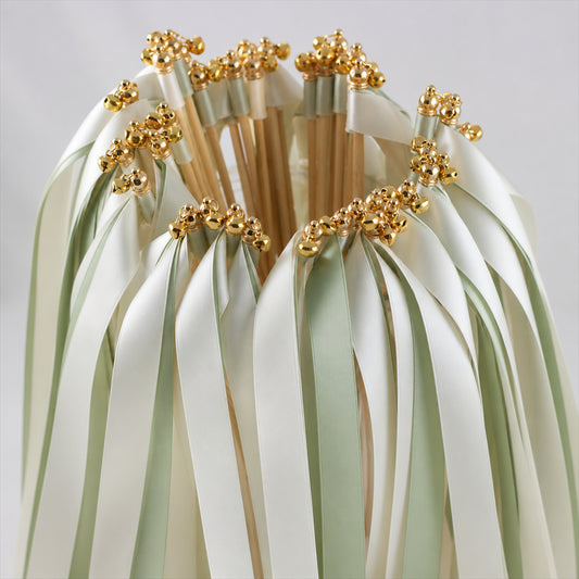 Handmade Sage & Ivory Satin Ribbon Wedding Wands with Bell