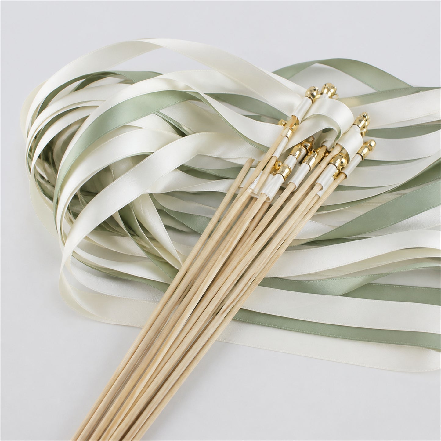 Handmade Sage & Ivory Satin Ribbon Wedding Wands with Bell