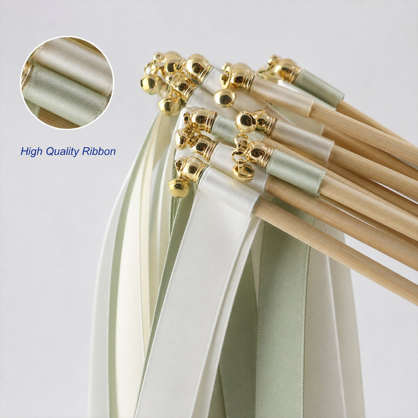 Handmade Sage & Ivory Satin Ribbon Wedding Wands with Bell