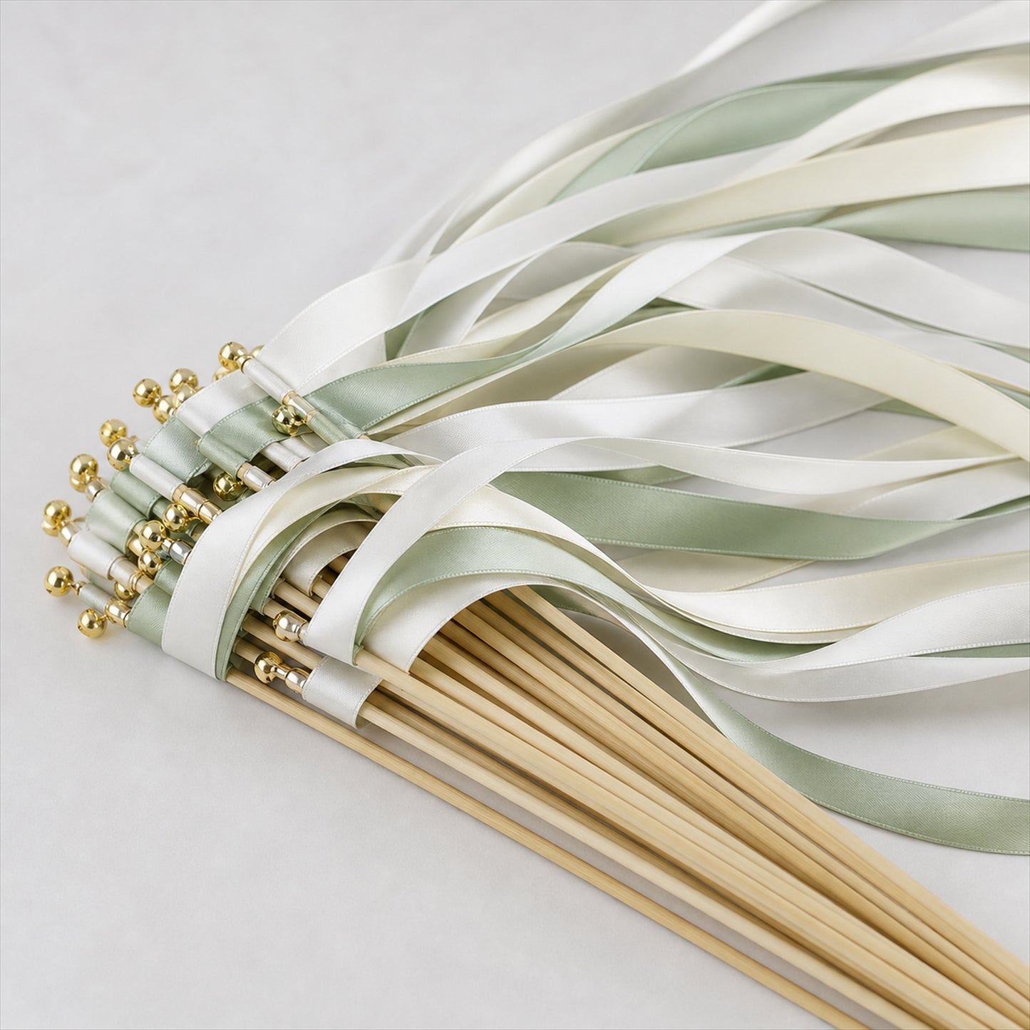 Handmade Sage & Ivory Satin Ribbon Wedding Wands with Bell