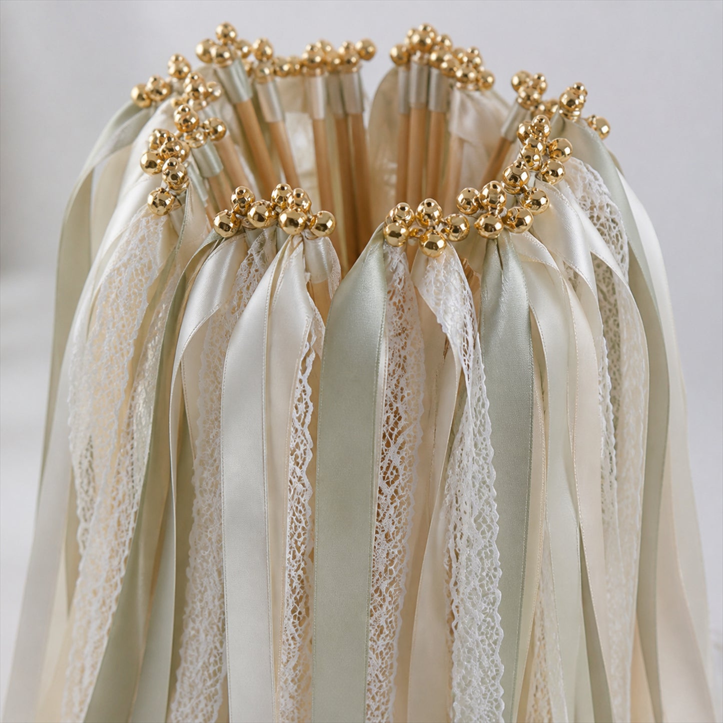 Handmade Sage, Champagne & Ivory Satin & Lace Ribbon Wedding Wands with Bell