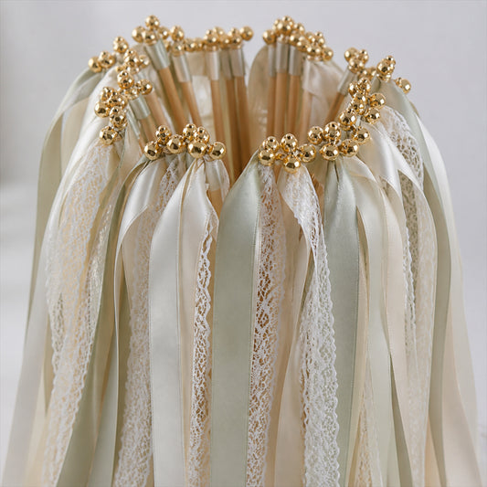 Handmade Sage, Champagne & Ivory Satin & Lace Ribbon Wedding Wands with Bell
