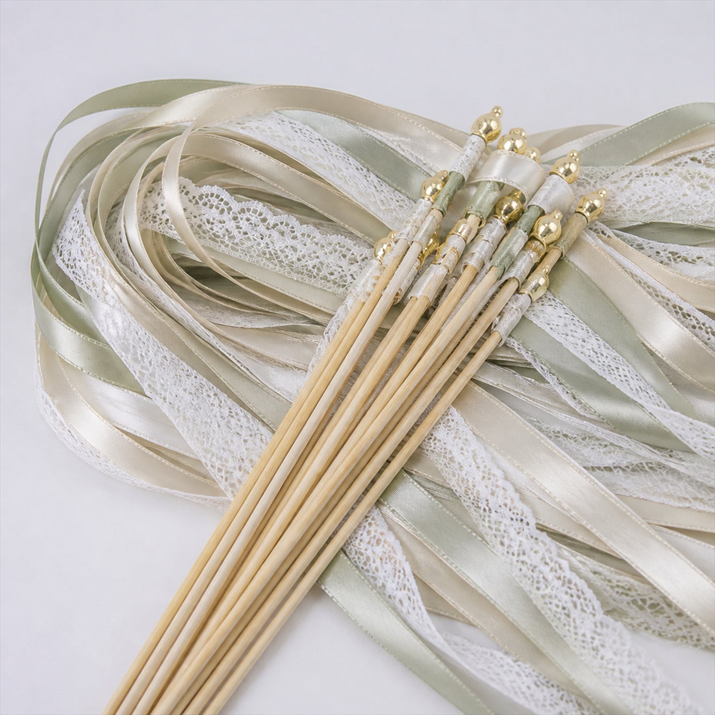 Handmade Sage, Champagne & Ivory Satin & Lace Ribbon Wedding Wands with Bell