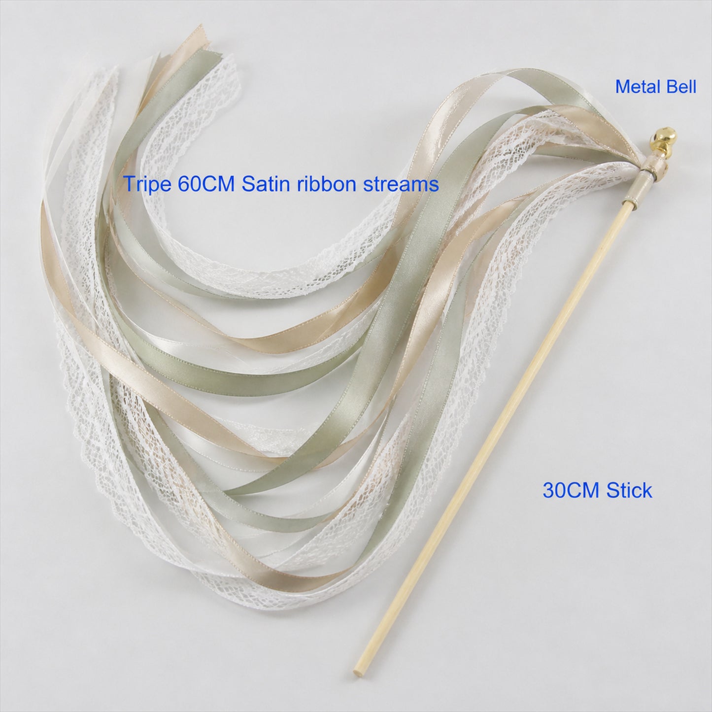 Handmade Sage, Champagne & Ivory Satin & Lace Ribbon Wedding Wands with Bell