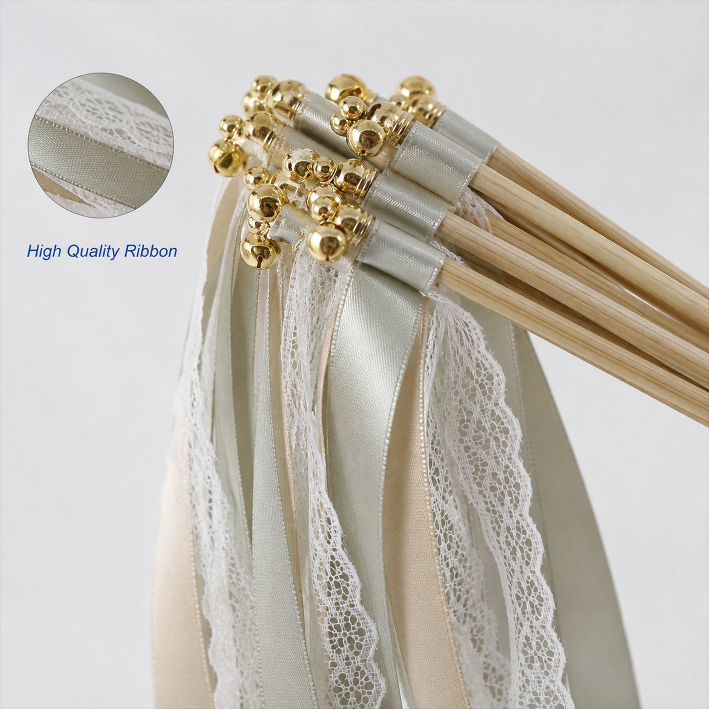 Handmade Sage, Champagne & Ivory Satin & Lace Ribbon Wedding Wands with Bell