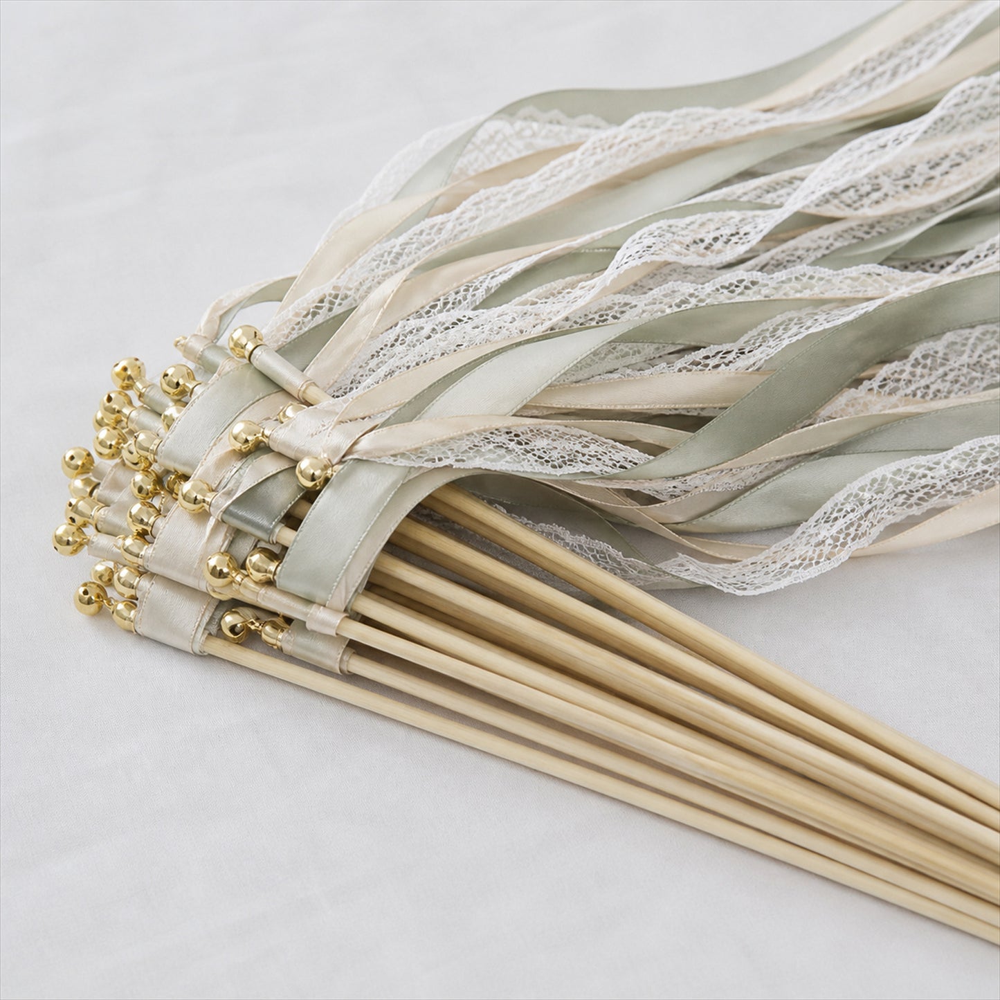 Handmade Sage, Champagne & Ivory Satin & Lace Ribbon Wedding Wands with Bell