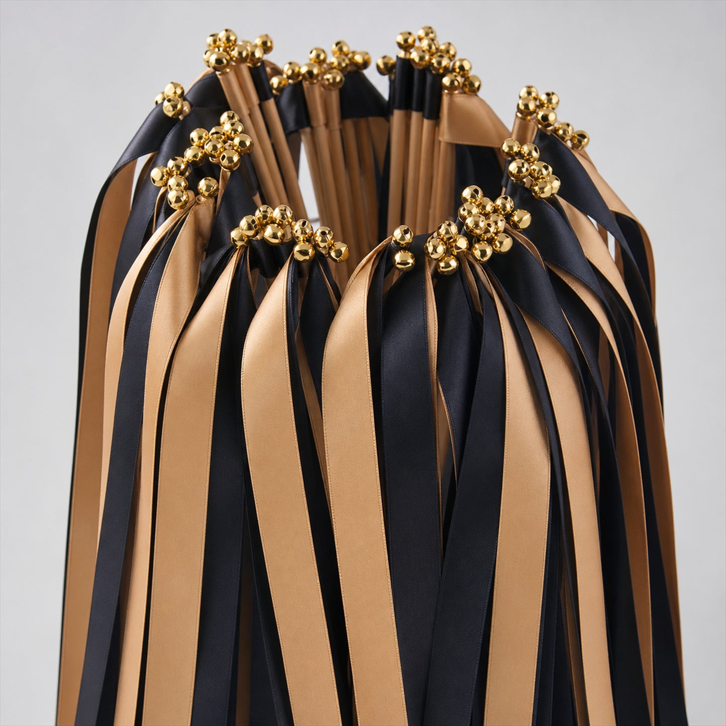 Handmade Black & Champagne Satin Ribbon Wedding Wands with Bell