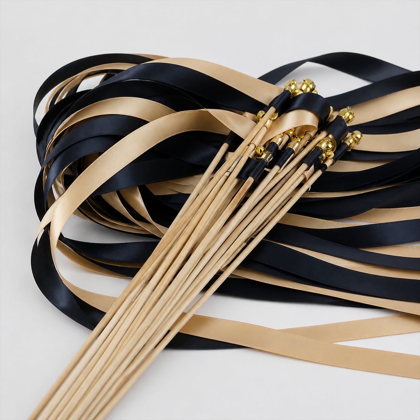 Handmade Black & Champagne Satin Ribbon Wedding Wands with Bell